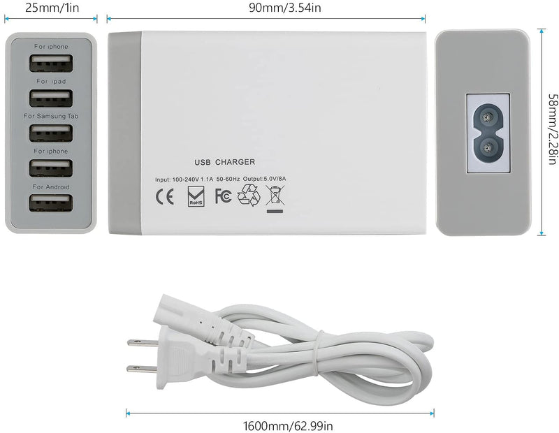 [Australia - AusPower] - Multi Port USB Wall Charger 40W 8A, 5 Port Desktop USB Charging Station for Multiple Devices, Travel Portable USB Charger for Cell Phone, Tablet USB 5-Port Charger 