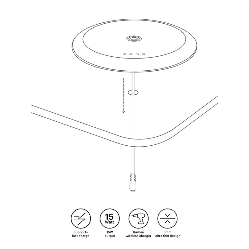[Australia - AusPower] - Zens Qi-Certified Built-in Wireless Charger 15W White (Easy Installation | Apple & Samsung Fast Charging Standard | Ultra-Thin Design (5mm) | EU/UK/US Power Adapter Included) 