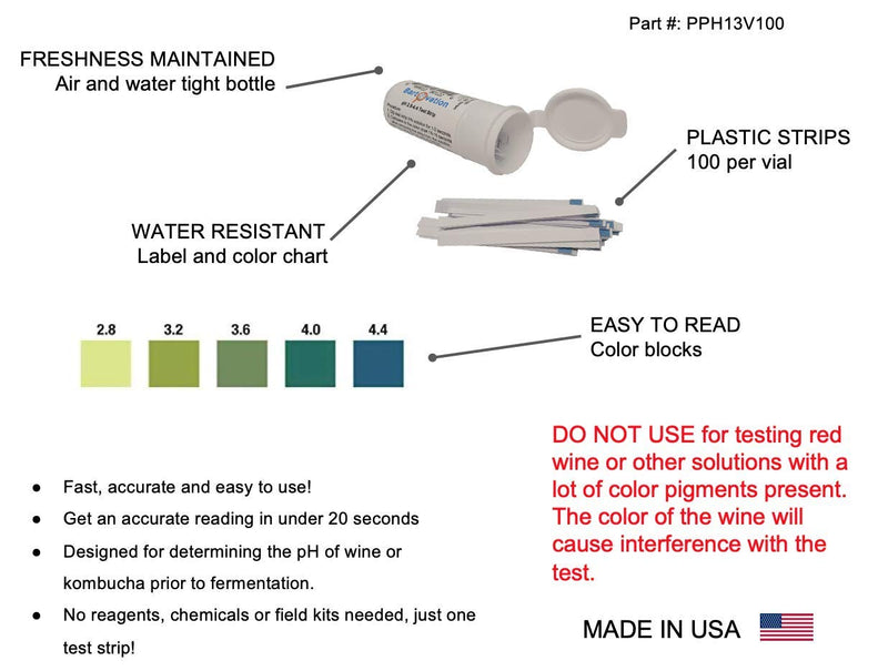 [Australia - AusPower] - pH Test Strips for Wine Making, Homebrew, Acidity, 2.8 to 4.4 pH [Vial of 100 Plastic Strips] 