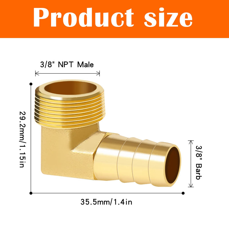 [Australia - AusPower] - Tnuocke 2pcs 90 Degree Elbow Brass Hose Fitting,3/8" Barb x 3/8" NPT Male L Right Angle Elbow Brass Fitting with Hose Clamps for Air,Water,Fuel H-64-3/8NPT-3/8 