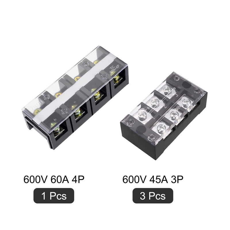 [Australia - AusPower] - MECCANIXITY Dual Rows 4 Positions 600V 60A and 3Pcs Dual Rows 3 Positions 600V 45A Wire Barrier Block Terminal Strip 