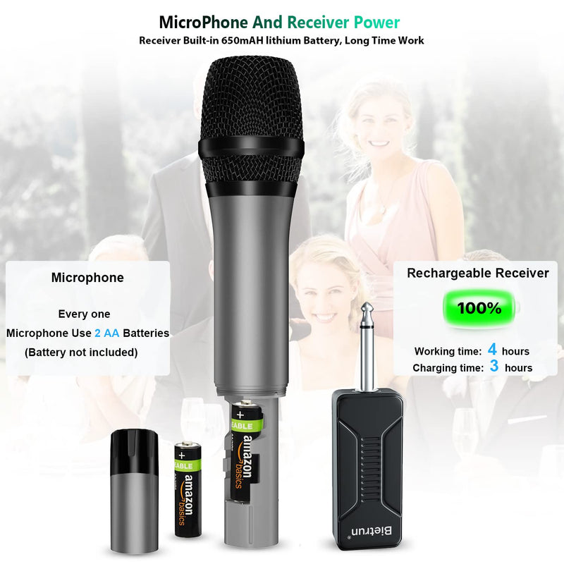 [Australia - AusPower] - Bietrun Wireless Microphone, UHF Metal Dynamic Handheld Karaoke Mic with Rechargeable Receiver (Work 6hs), 160ft Range, For Karaoke Machine Singing, Amplifier Speaker, Mixer, Speech, Church, Interview Battery Grey 