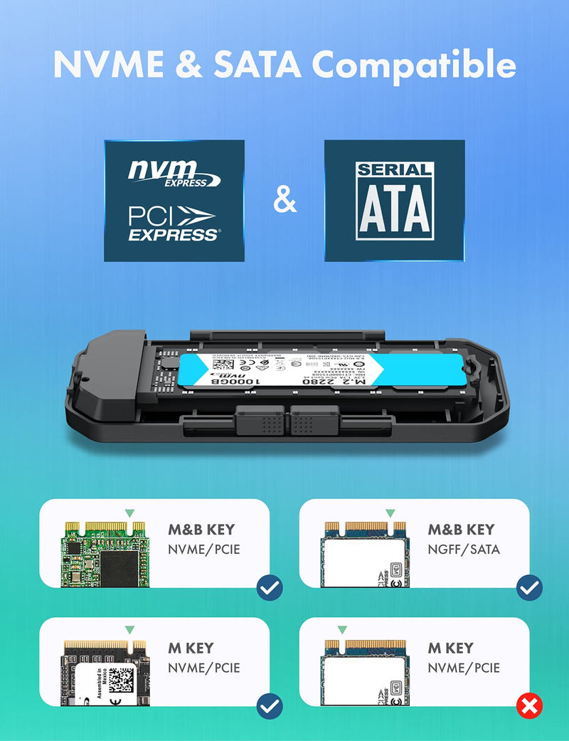 [Australia - AusPower] - GRAUGEAR 10Gbps M.2 NVMe SATA SSD Enclosure Adapter, Tool-Free USB3.2 Gen2 External SSD Case, USB C to USB C/USB A Cables, M Key, B+M Key, RTL9210B for Size 2230/2242/2260/2280[G-M202-AC-10G] 