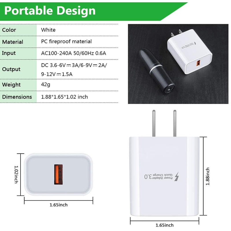 [Australia - AusPower] - 18W Quick Charge 3.0 Fast Charger for LG Stylo 6 5 4 Stylo 5+ V60 V50 V40 G8 G8X G8S G7 V35 ThinQ K51 K52 K61 K62 K92 V30 V20 G6 G5 Q7+,LG Velvet/Wing, 3A Rapid Wall Charger Plug+2PC 6FT USB C Cable White 