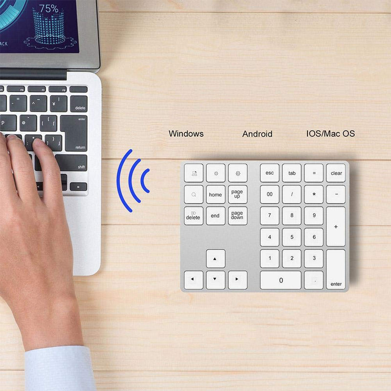 [Australia - AusPower] - ASHATA Wireless Numeric Keypad,34 Keys Mini Portable Bluetooth Numpad,Ergonomic Bluetooth Numeric Keypad Aluminum Alloy HUB Type-C USB 3.0 Numeric Pad for Windows (Silver) Silver 