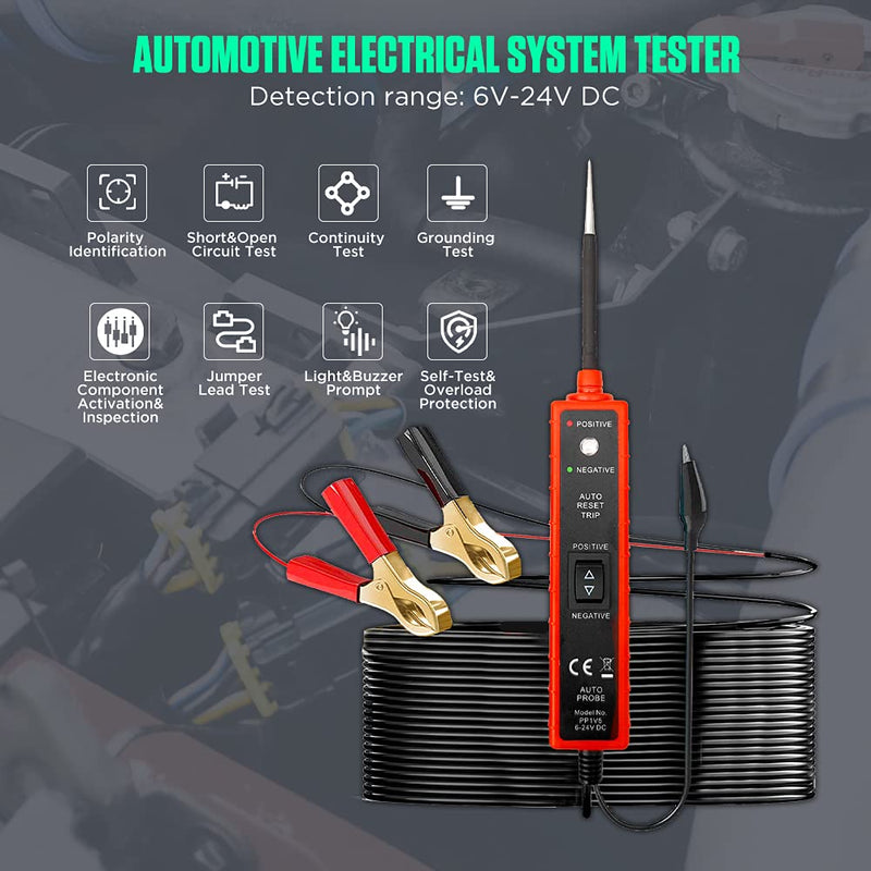 [Australia - AusPower] - Power Circuit Probe Tester 6V-24V DC Test Light Short Circuit Tester Component Activation Electrical Tester Polarity Identify Continuity Tester with LED Light, Long Test Lead, Overload Protection 