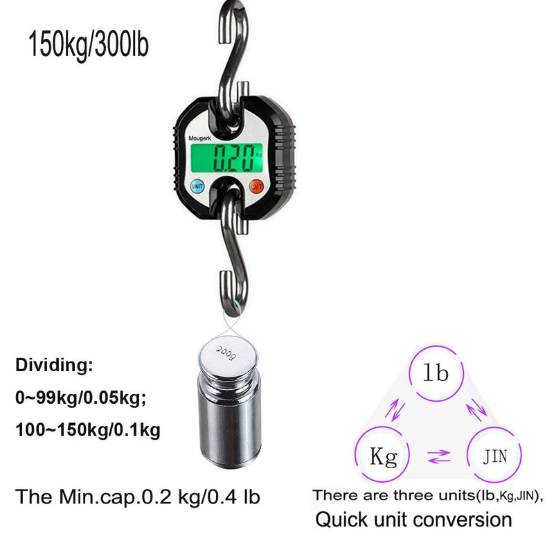 [Australia - AusPower] - Mougerk Digital Hanging Scales Portable Heavy Duty Crane Scale 150 kg 300 lb 2 AAA Batteries(Not Included) Black 