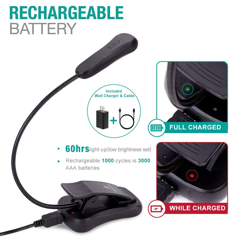 [Australia - AusPower] - Vekkia Book Light Set with Charger, Clip on Reading Light in Bed with 3 Brightness, Up to 60 Hrs, Rechargeable, Eye-Care Warm LED for Read Before Bed.（Incl Travel Case, Cable) Black 