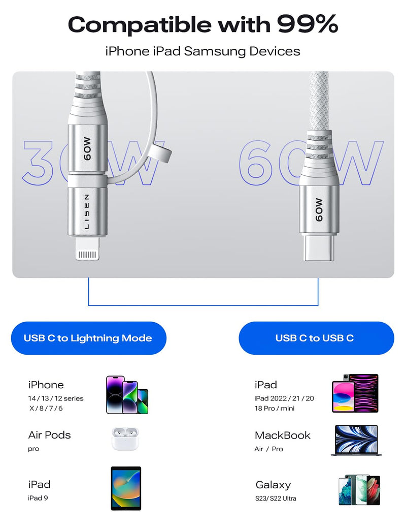 [Australia - AusPower] - LISEN 2-in-1 USB C Cable Lightning Cable PD60W [2Pack/6ft] Multiple Charging Cord with Type-C/Lightning Connectors Durable 48-Strand Braid Fast Charging for iPhone 14 Pro Max Plus 13/12 iPad Samsung 6.6ft White 