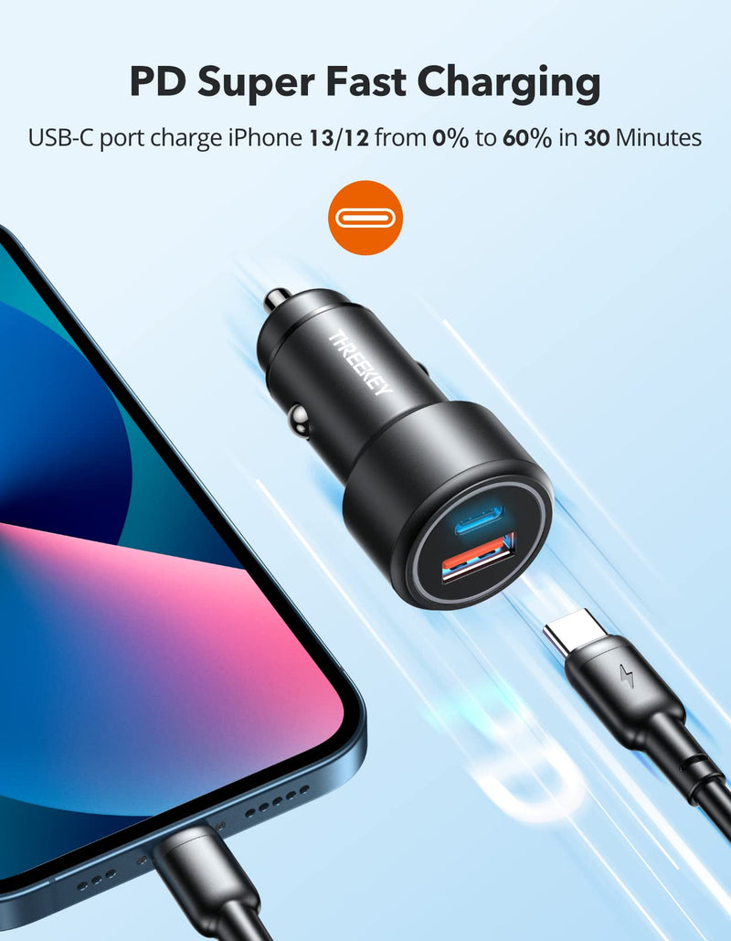 [Australia - AusPower] - THREEKEY USB C Car Charger,Fast Metal Dual Port 38W with PD 20W USB-C and 18W USB-A Car Charger Adapter Compatible with iPhone13/12/11/X,iPad,Samsung Galaxy,LG,Google Pixel,Moto,Airpods 