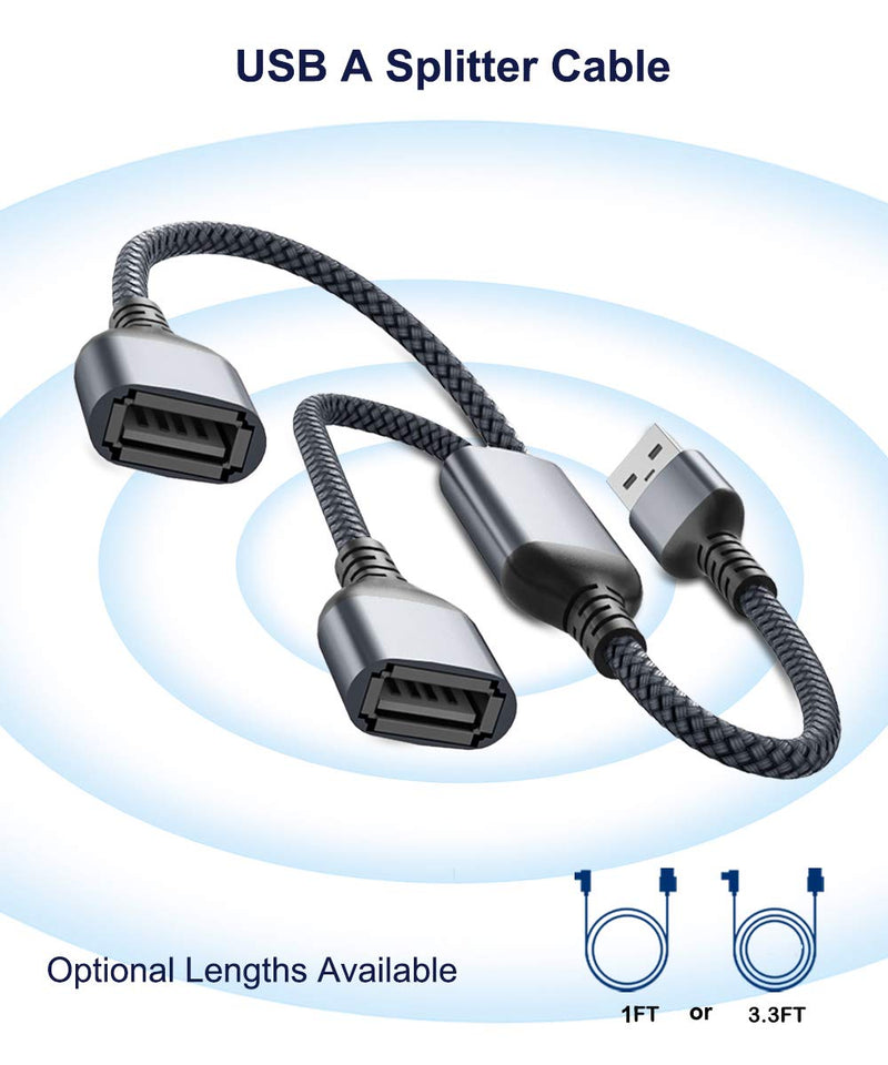[Australia - AusPower] - USB Splitter Y Cable 1FT (2-Pack),USB A 1 Male to 2 Female Extension Cord Converter,Dual Double USB Port Extender Hub Data Charger Power Split Adapter for Mac,Car,Xbox One Series X/S,PS4,PS5,Laptop Gray 