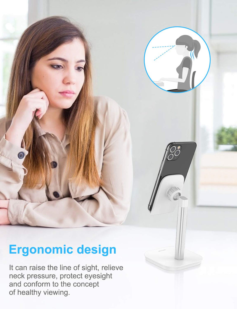 [Australia - AusPower] - iPhone Stand Desk, OMOTON Rotatable Cell Phone Stand Holder for Desk with Weighted Base, Compatible with iPhone 12/11/8/7/6 Pro Xr Xs ,iPad, Samsung Tabs and Other Devices (4-11"), Sliver White 
