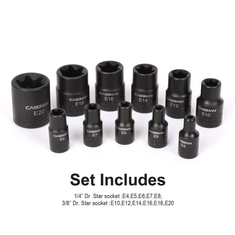 [Australia - AusPower] - CASOMAN 11 PC Female E-TORX Star Socket Set with Rail, Female External Star Socket Set, E4 - E20 Torque Socket Set 