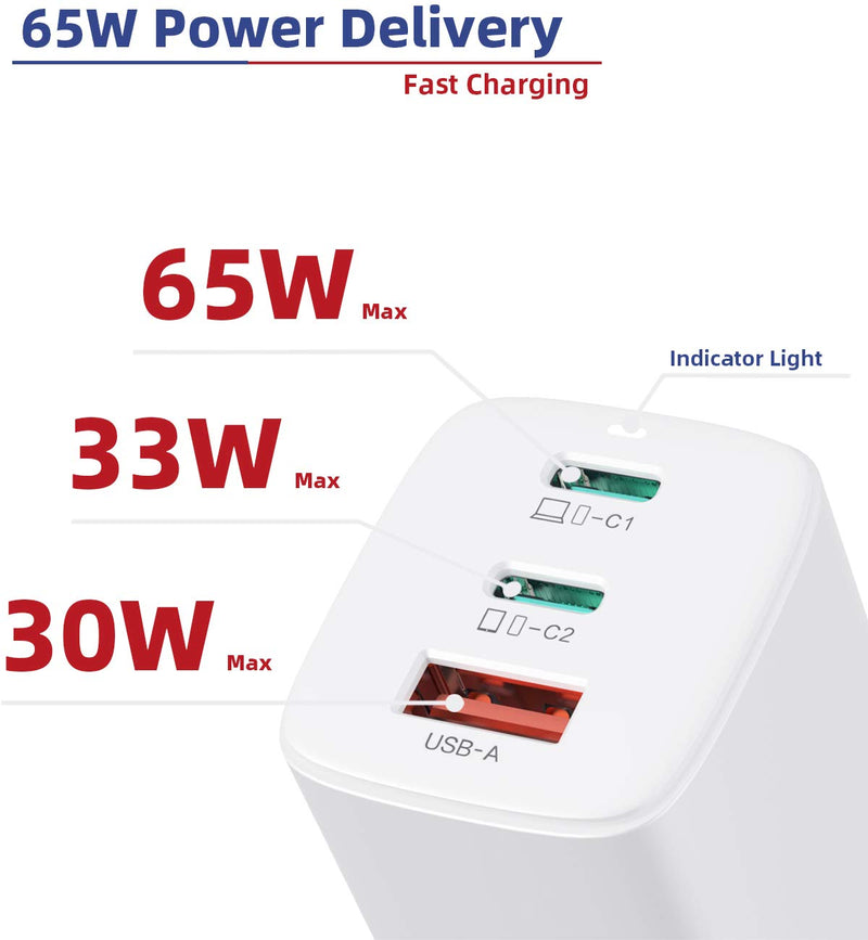 [Australia - AusPower] - 65W 3-Port USB C Wall Charger, MIAYEUM PD Charger[GaN Tech.], Foldable PD3.0 Fast Charging Adapter for MacBook Pro/Air, iPhone 11/12/Pro/Max/XR/X, iPad Pro, Laptops, Google Pixel, Samsung Galaxy, etc. 