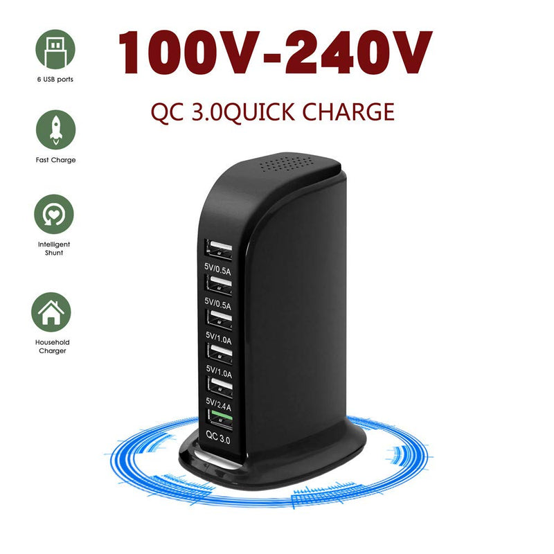[Australia - AusPower] - Quick Charge 3.0 USB Wall Charger 6 Ports Desktop QC 3.0 USB Charging Station Travel Charger Fast Charging Compatible with Phones,Tablets Smartphones and More(Black) Black 