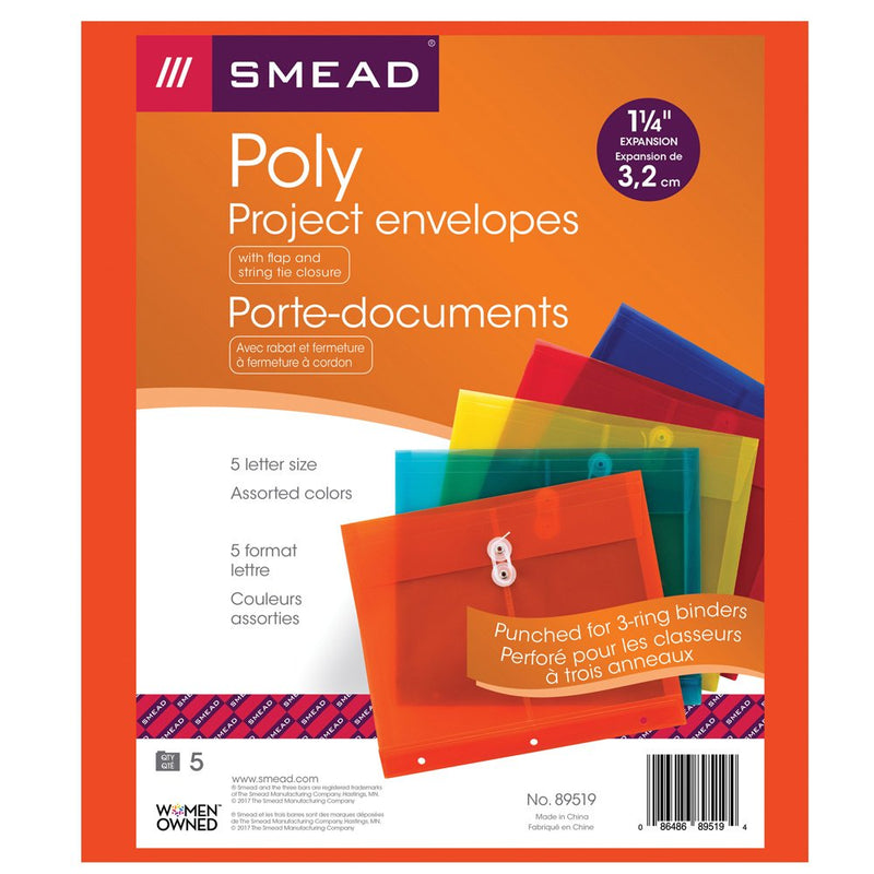 [Australia - AusPower] - Smead Poly Project Envelope, 1-1/4" Expansion, String-Tie Closure, Side Load, Letter Size, 5 per Pack (89519) Assorted Colors 