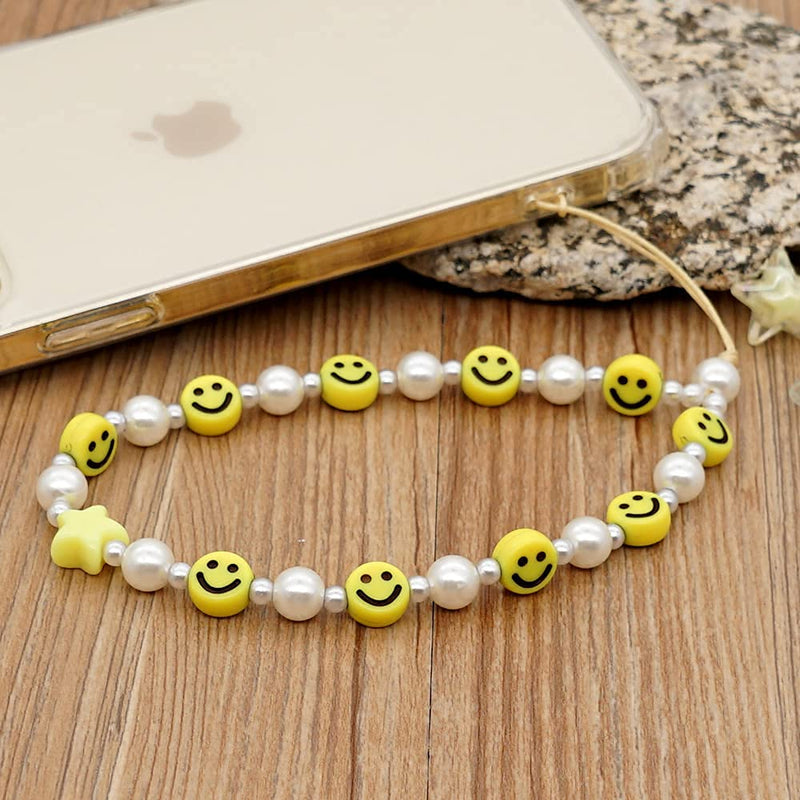 [Australia - AusPower] - Beaded Phone Lanyard Wrist Strap Smiley Face Beaded Handmade Colorful Acrylic Beads Pearl Phone Charm Strap for Women Girls Yellow 