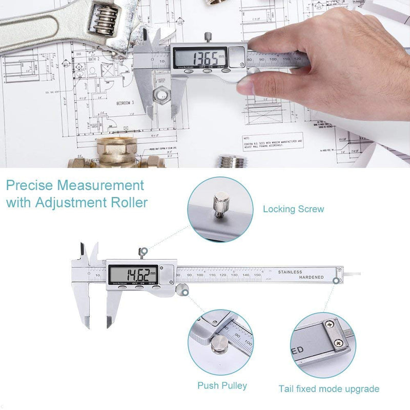 [Australia - AusPower] - Electronic Digital Vernier Caliper, LOUISWARE Stainless Steel Caliper 150mm/0-6 inch Measuring Tools with Extra-Large LCD Screen, inch/Metric Conversion 