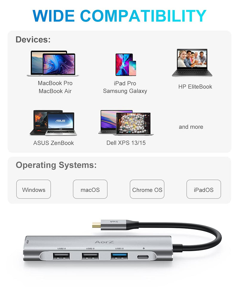 [Australia - AusPower] - USB C Hub,USB C hub Multiport Adapter AorZ 5 in 1 USB c Dongle with 4K HDMI Output, USB 3.0/2.0 Ports,PD Charger,Compatible with More Type C Devices 