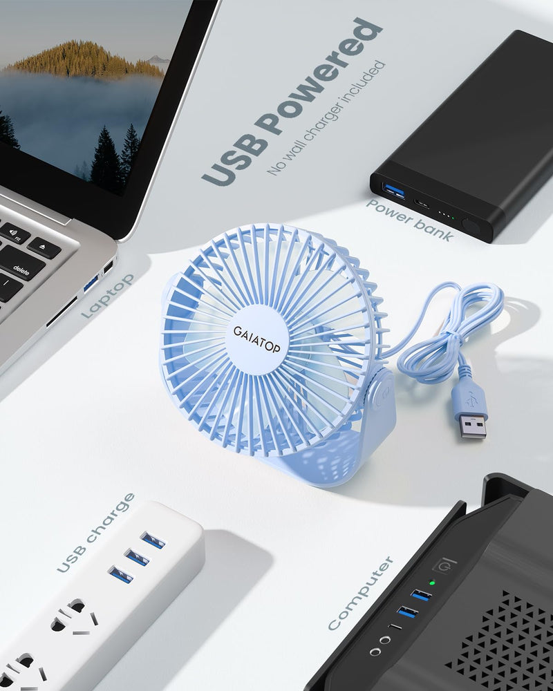 [Australia - AusPower] - Gaiatop USB Desk Fan, 3 Speeds Portable Small Fan with Strong Airflow, 5.5 Inch Quiet Table Fan, 90° Rotate Personal Cooling Fan For Bedroom Home Office Desktop Travel (Blue) Blue 