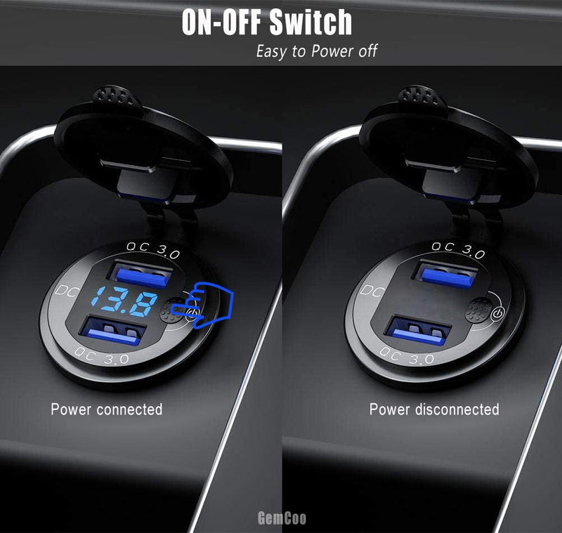 [Australia - AusPower] - Quick Charge 3.0 Dual USB Car Charger Socket 12V/24V 36W QC3.0 Dual USB Aluminum Socket Power Outlet with LED Voltmeter and ON/Off Switch for Marine, Boat, Motorcycle, Truck, Golf Cart Blue 