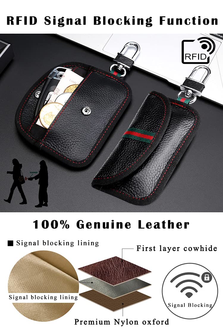 [Australia - AusPower] - VAWcornic 2 Pack Faraday Bag for Car Key Fob, Genuine Leather Car Key RFID Signal Blocking Pouch Keyless Signal Block Key Case for Car Security, Anti-Theft Remote Entry Smart Fob Protection - Black 