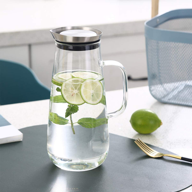 [Australia - AusPower] - Emica 50oz/1500ml Glass Pitcher with Handle and Stainless Steel Silicone Filter Lid, Borosilicate Glass Carafe, Water Jug, Juice Pitcher for Homemade Beverage/ Serving Wine/ Coffee/ Milk/ Iced Tea 50oz- with Handle 