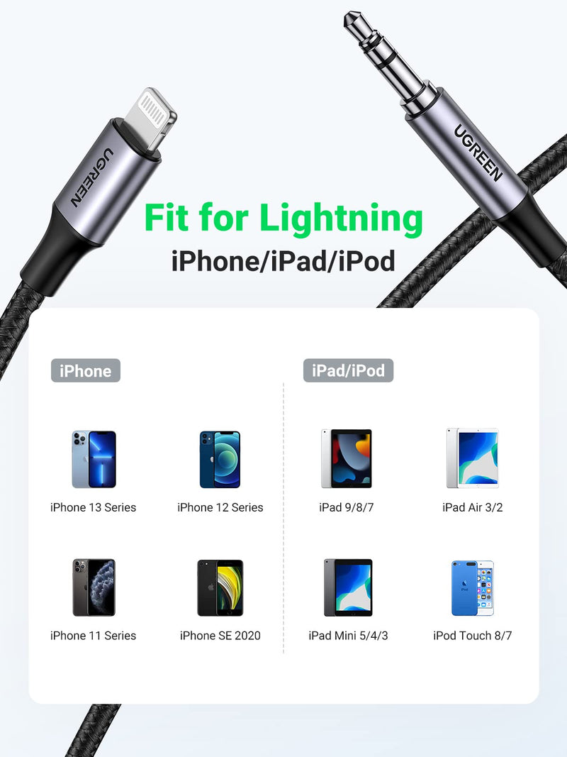 [Australia - AusPower] - UGREEN Aux Cord for iPhone Lightning to 3.5mm Cable 3.3FT MFi Certified 3.5 mm Headphone Jack Adapter Male Stereo Audio Cable Compatible with iPhone 13 Mini Pro Max 12 11 Pro Max X XR 7 7P 8 8P, 3.3FT 