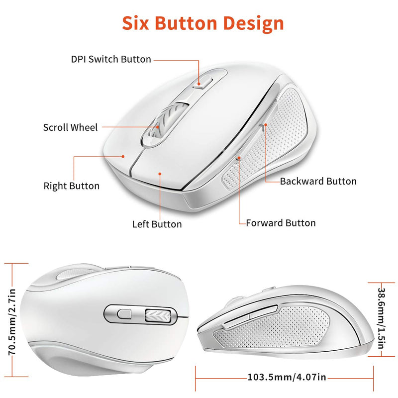 [Australia - AusPower] - Wireless Mouse, 2.4G Wireless Ergonomic Mouse Portable Cordless Optical USB Mice with Nano Receiver, 3 Adjustable DPI Levels, 6 Buttons for Laptop, PC, Computer, Chromebook, Notebook (White) white 