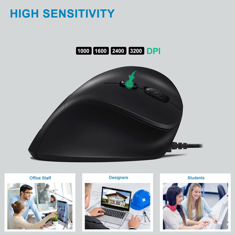 [Australia - AusPower] - AUTLEY Wired Ergonomic Mouse, USB Computer Vertical Mouse, 1000/1600/2400/3200 DPI, 5.9ft Cord, Better for Large Hands (M19W) 