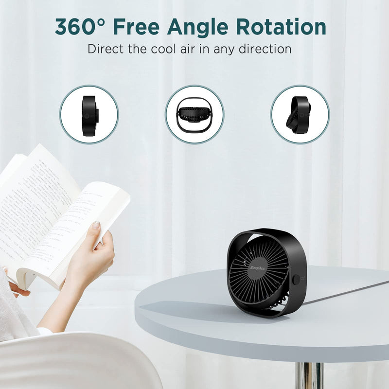 [Australia - AusPower] - EasyAcc USB Desk Fan, 3 Speeds USB Fan [Lower Noise USB Powered ONLY&Powerful Desk Fan] USB Portable Powered Fan, 360°Rotatable Personal Desktop Table Fan Travel Fan for Desk Home Bedroom Office Black 