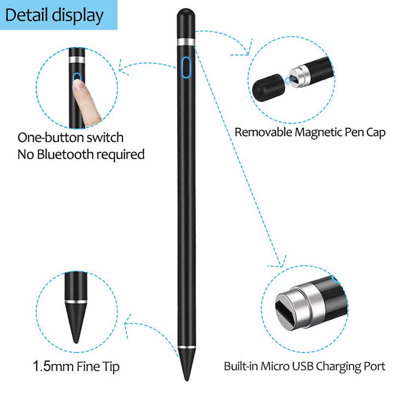 [Australia - AusPower] - Active Stylus Pens for Touch Screens, DOGAIN Stylist Digital Pen, 1.5mm Fine Point Rechargeable iPad Pencil for Drawing/Writing/Playing, Compatible with iOS/Android and Other Tablets(Black) 