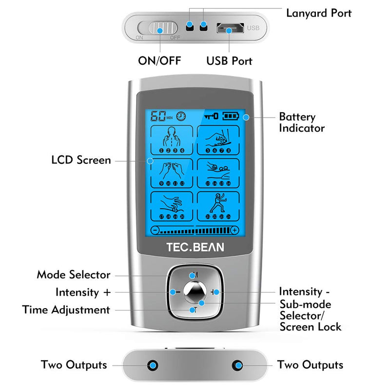 [Australia - AusPower] - TEC.BEAN 24 Modes TENS Unit Muscle Stimulator, Rechargeable TENS Machine with 8 Electrode Pads (American Gel), Electric Pulse Massager for Pain Relief Therapy 