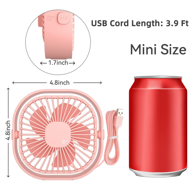 [Australia - AusPower] - RJVW Small USB Desk Fan, 3 Speeds Portable Table Fan, 4 inch Personal Min Fan,Small Cooling Fan by USB Plug In, 360°Rotatable Silent Desktop Fan for Home Office Bedroom Dorm Indoor Outdoor Summer Gift Pink 