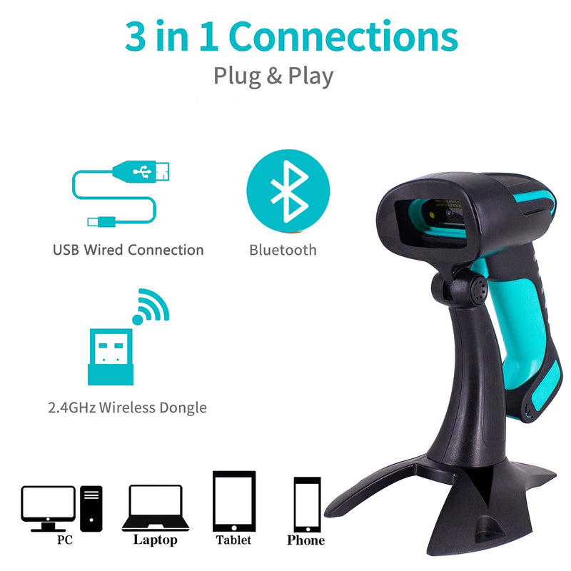 [Australia - AusPower] - Alacrity 2D 1D QR Industrial Barcode Scanner with Stand(NOT WIRELESS CHARGING), Bluetooth & 2.4GHz Wireless & Wired USB 3in1, Shock Dust Proof Hands Free Barcode Reader, for computer smart phone, Blue Adjustable Stand 