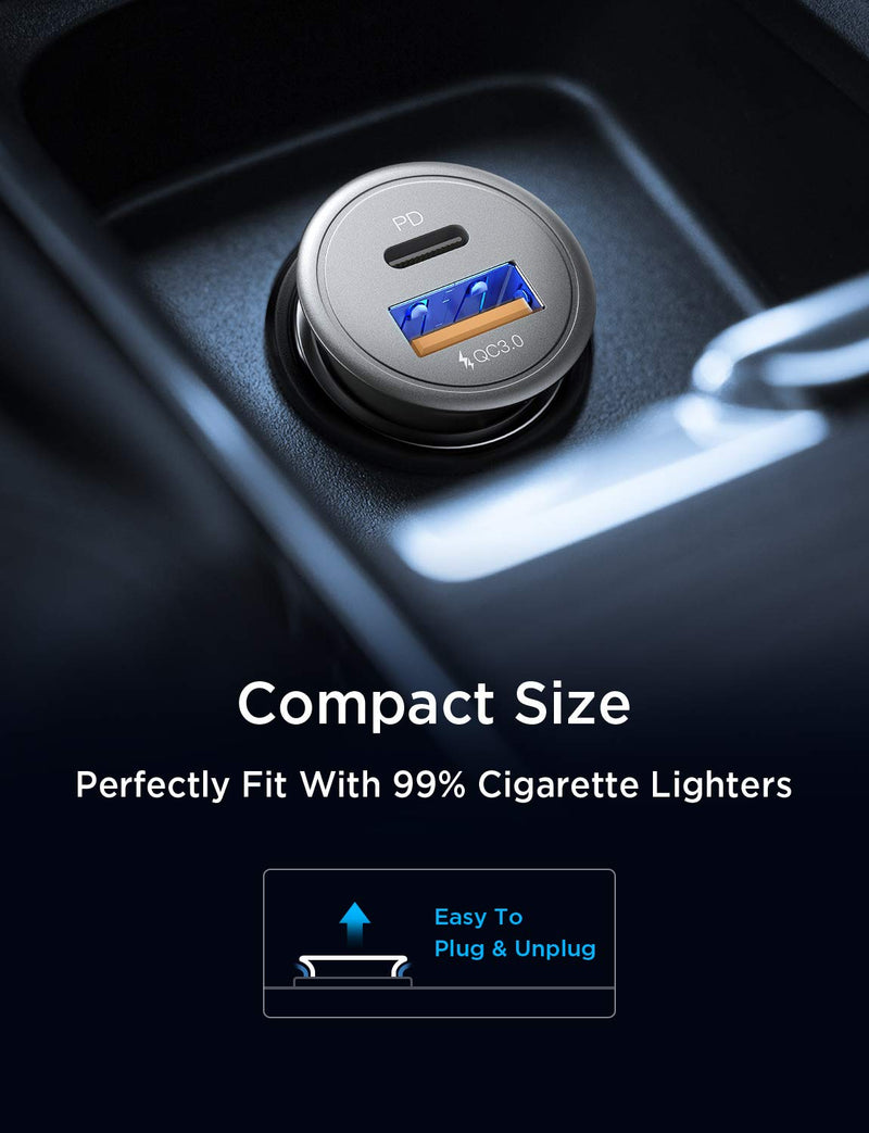 [Australia - AusPower] - USB C Car Charger Super Mini AINOPE All Metal 36W Fast USB Car Charger PD&QC 3.0 Dual Port Car Adapter Compatible with iPhone 12/12 Pro/Max/Mini/iPhone 11/Pro/Max/XR/XS/Max/8, Galaxy S21/20/10-Silver Silver 