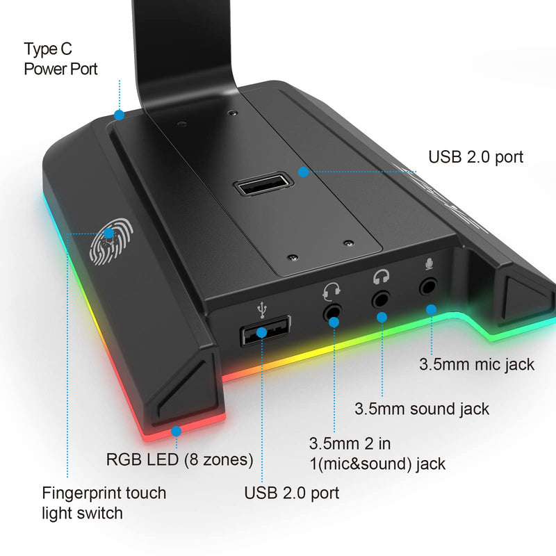 [Australia - AusPower] - RGB Headphone Stand with 7.1 Surround Sound, EKSA Gaming Headset Holder with USB & 3.5mm Ports, Headset Stand for Desk Perfect Gaming Accessories Gifts for Desktop Gamers, Suitable for Most Headphones 