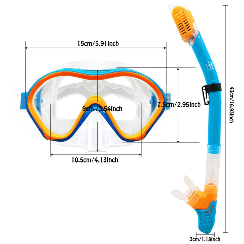 [Australia - AusPower] - Kids Snorkeling Gear Dry Snorkel HHAO Sport Kids Snorkel Set Junior Anti Fog 180° Panoramic View, Swim Goggles with Nose Cover Scuba Diving Mask for Boys Girls, 4-15 Yrs Old Blue-orange 