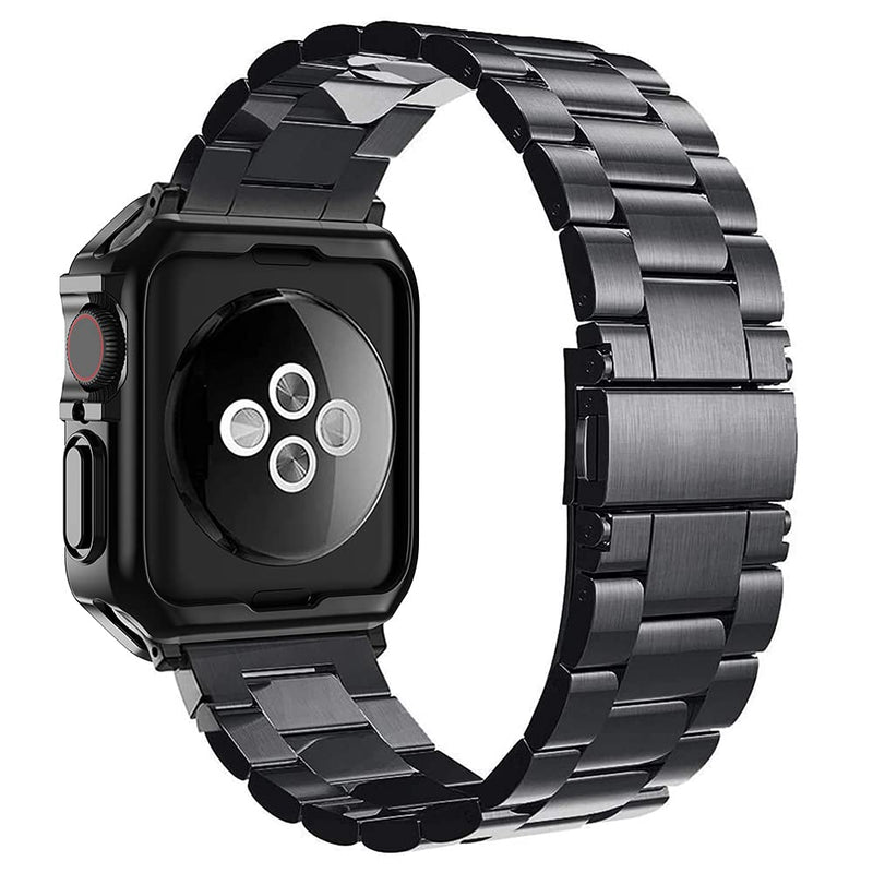 [Australia - AusPower] - Compatible with Apple Watch Band, i-Watch Strap for Series 7 6 5 4 3 2 1 SE, Stainless Steel Metal Chain with Cover Case, iPhone Smart-Watch Bracelet Link Wrist-Band Black 38mm 40mm 41mm 