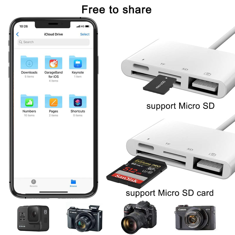[Australia - AusPower] - SD TF Card Reader Adapter for iPhone/iPad,4 in 1 USB OTG Camera Connection Kits Adapter with SD TF Card Reader and Charge Adapter Compatible for iPhone/iPad,Support Newest iOS 14-White 
