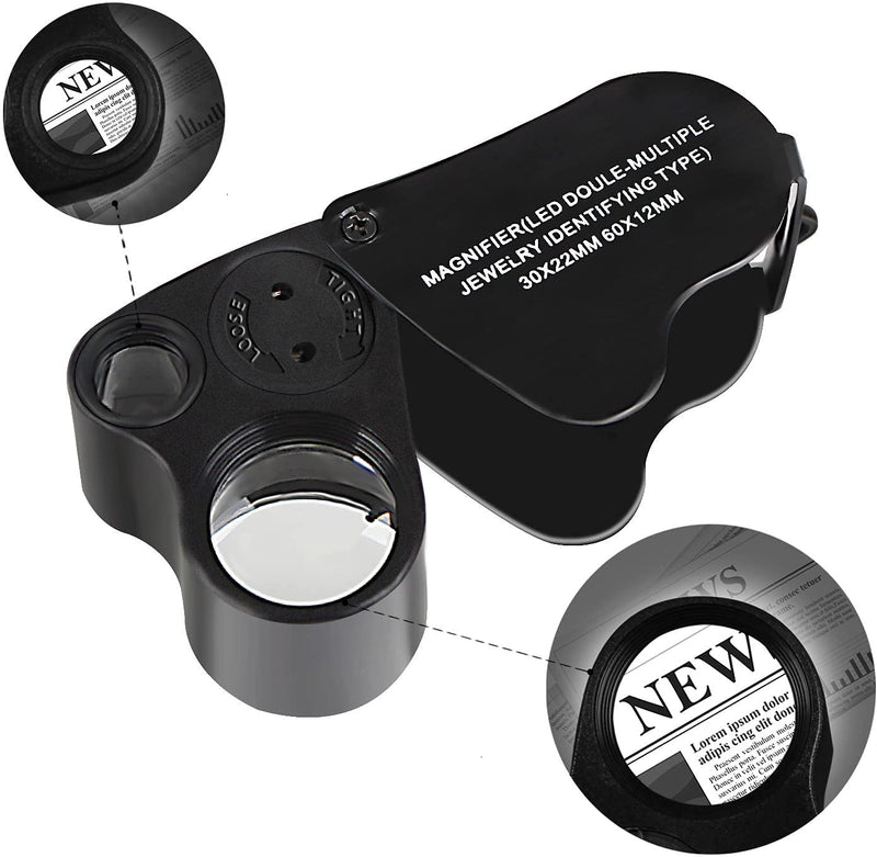 [Australia - AusPower] - Hqdz High Accuracy Diamond Tester Jewelry Detector Gem Pen 30X 60X Illuminated Eye Loupe Mini Led Foldable Magnifying Distinguish Tool (Black Tester, Black Loupe) H-ad-7 