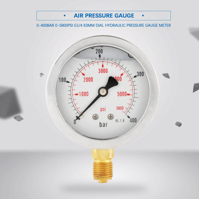 [Australia - AusPower] - Dial Hydraulic Pressure Gauge Meter Pressure Gauges Vacuum Air Compressor Hydraulic Pressure Gauge 0-400BAR 0-5800 PSI G1/4 63mm 