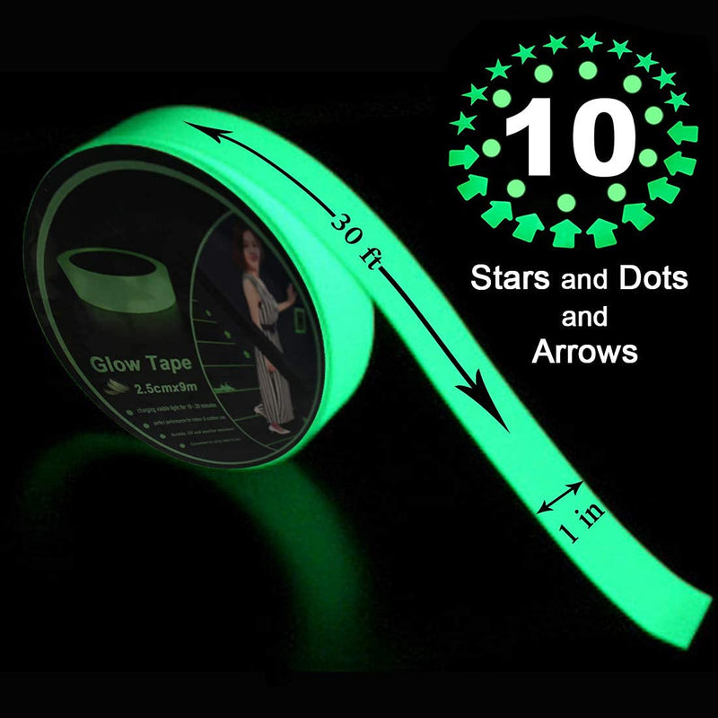 [Australia - AusPower] - Glow in The Dark Tape,Luminous Tape 30 Feet x 1 Inch, Removable Waterproof Photo Luminescent Green Glow Tape with 10 Glow Stars, Dots and Arrows, Perfect for Home, Office, Luminous Party 