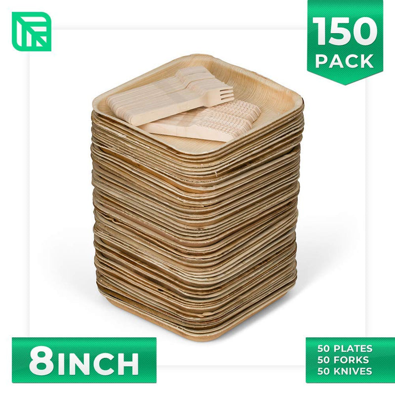 [Australia - AusPower] - 50 8" Disposable Square Palm Leaf Plates + 100 Cutlery (50 Forks, 50 Knives) - Better Than Bamboo or Wood Plates. Heavy Duty, 100% Compostable & Biodegradable Eco Friendly Party Plates (8 inch) 8 inch 