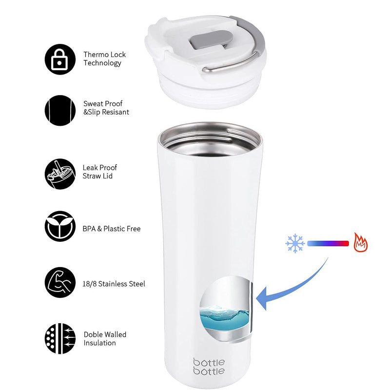 [Australia - AusPower] - BOTTLE BOTTLE Insulated Coffee Tumblers with Dual-use Lid and Straw Double Walled Iced Travel Coffee Mug for Woman and Man 18oz Stainless Steel Tumbler with Handle (white) 1pack White 