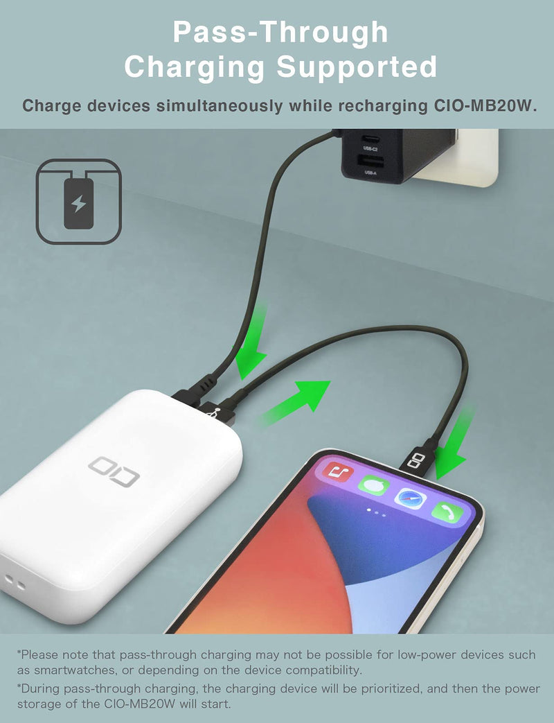 [Australia - AusPower] - CIO Small Power Bank for iPhone 12 with 10000mAh, USB-C 20W PD Portable Charger for iPad, Android, iPhone 12 Mini Pro Max Supports QC, Pass-Through, CIO-MB20W-10000-WH (White) White 