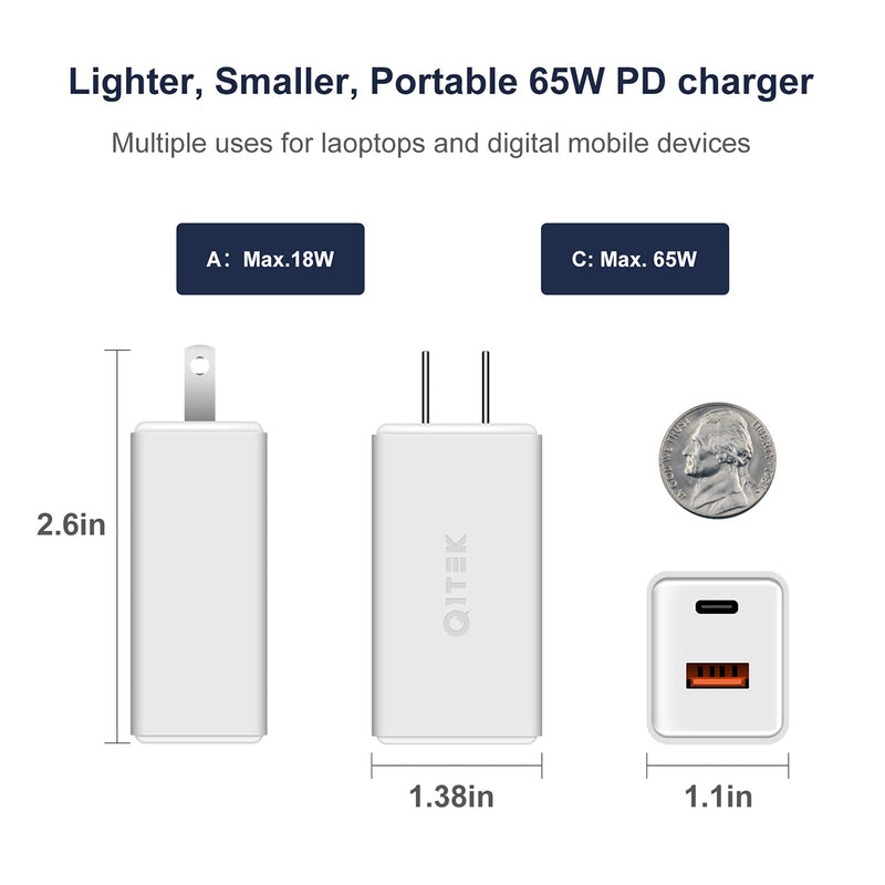 [Australia - AusPower] - USB C Charger,65W Wall Charger 2 Port Fast Charger with USB C Cable Compact Portable USB Wall Charger Block Plug for iPhone, Galaxy,iPad Pro, MacBook, Laptop, Pixel, and More 