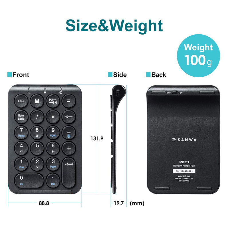 [Australia - AusPower] - SANWA Bluetooth Numeric Keypad, Rechargeable Wireless Ten Key Number Pad, 22-Key Portable & Slim Financial Accounting Numpad for Laptop Computer, Compatible with MacBook, Windows, Android, iOS, Black 