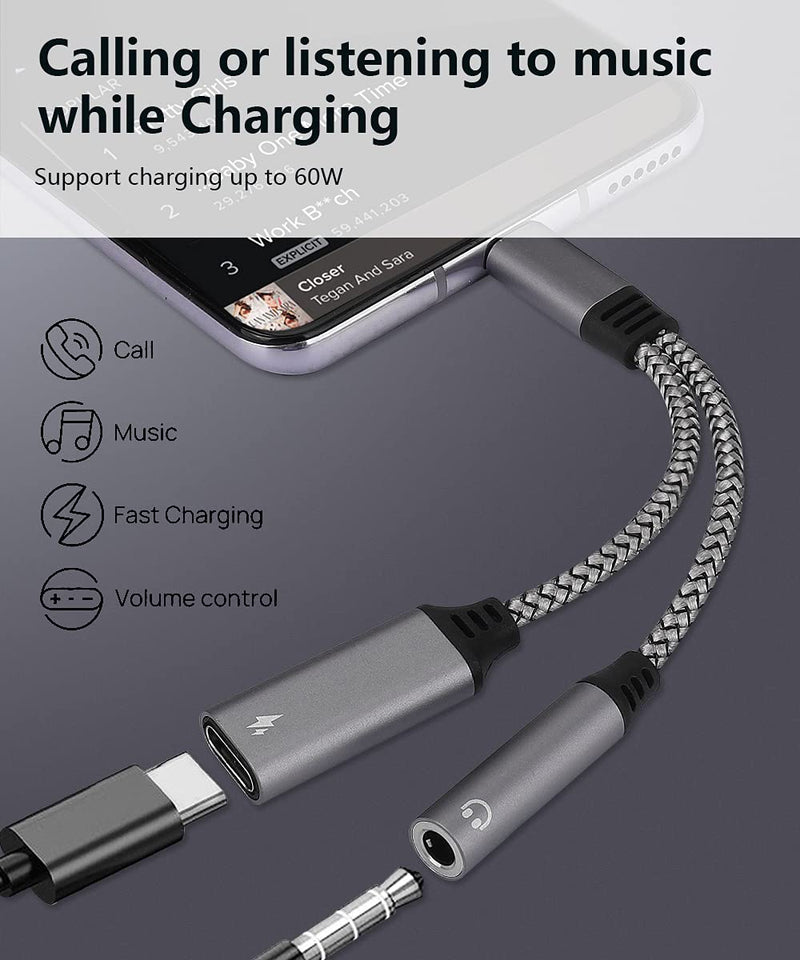 [Australia - AusPower] - Samsung Galaxy S22 Headphone Adapter, 2 in 1 USB C to 3.5mm Headphone Jack Hi-Fi DAC with USB C 60W Fast Charging Dongle Adapter Compatible with Galaxy S22/22 Ultra/S21/S21FE/Note 20, Pixel 5/4/3/3XL Grey 