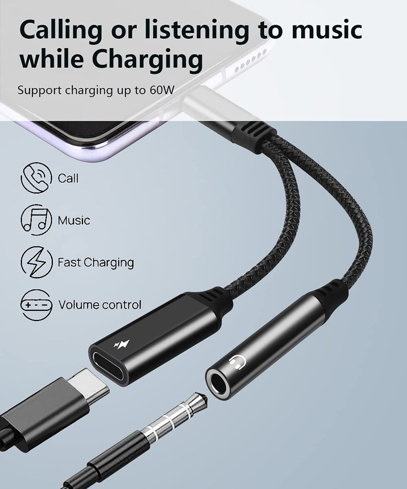 [Australia - AusPower] - Mxcudu 2 in 1 USB C to 3.5mm Audio Headphone Adapter & 60W Fast Charging Dongle Adapter Compatible with Google Pixel 5/4/4XL/3/3XL, Samsung Galaxy S22/S22+/S21/S21+/S20FE/S21FE/Note 10+/Note 20 Ultra Black 
